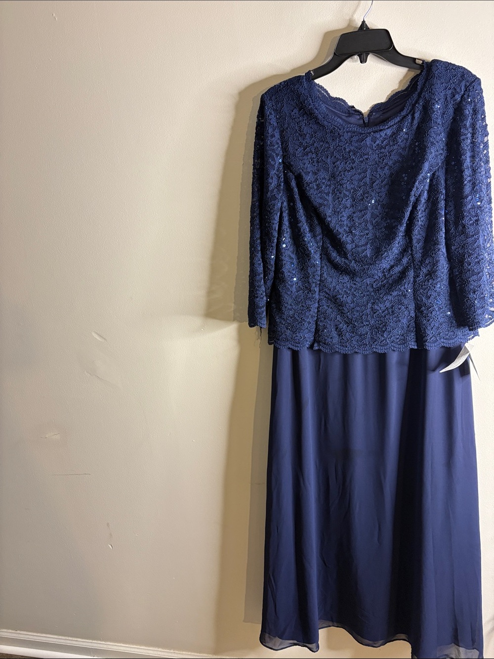 Alex Evenings Navy Lace Long-Sleeve Evening Gown